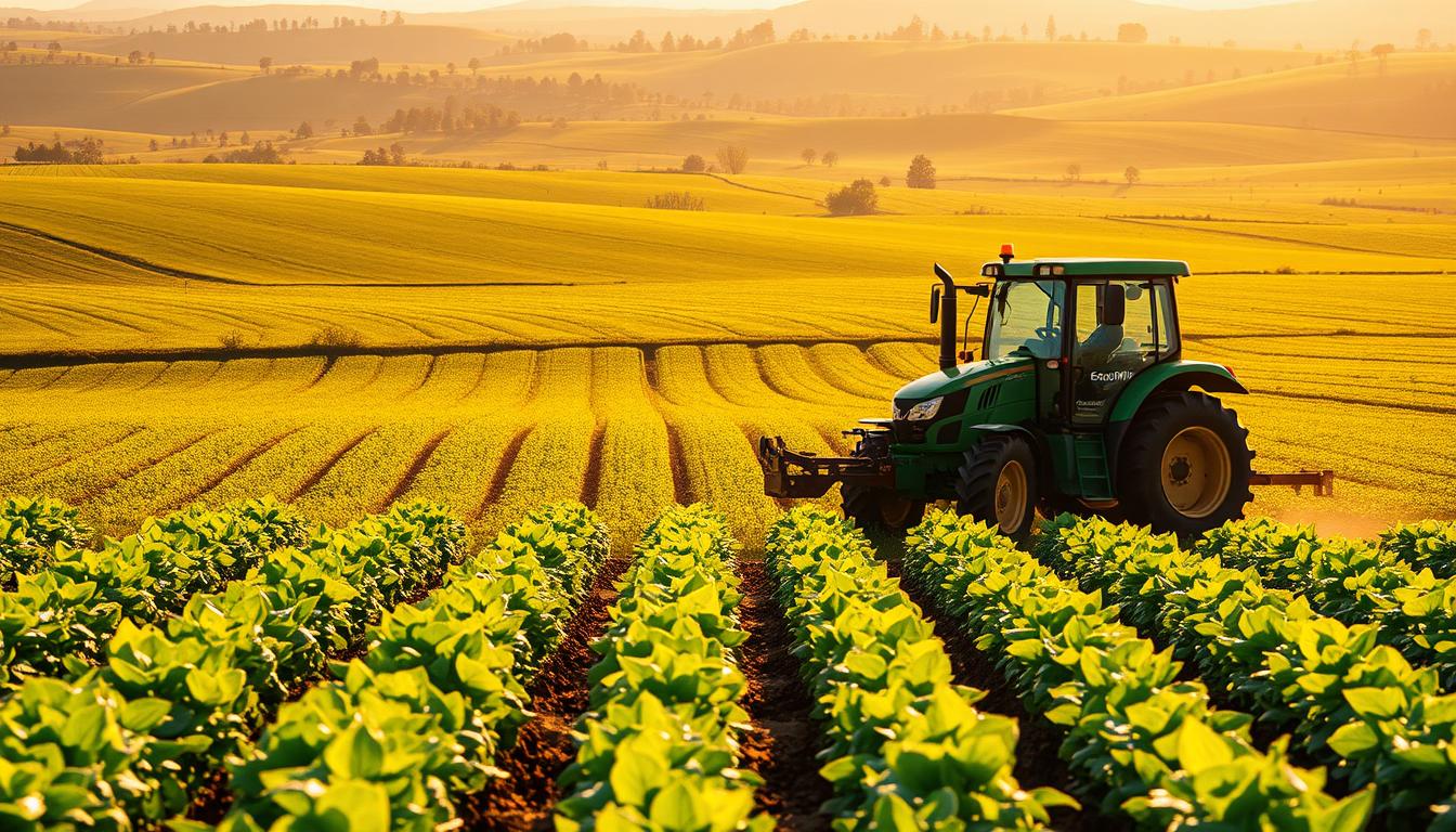 A lush, verdant expanse of farmland, bathed in the warm glow of the sun. In the foreground, rows of thriving crops sway gently in the breeze, their leaves glistening with dew. In the middle ground, a modern tractor, the "EconoMix Plus" logo prominently displayed, tills the soil, preparing the land for the next season's growth. In the distance, rolling hills dotted with clusters of trees, creating a picturesque and harmonious landscape. The scene exudes a sense of abundance, progress, and the triumph of sustainable agricultural practices.