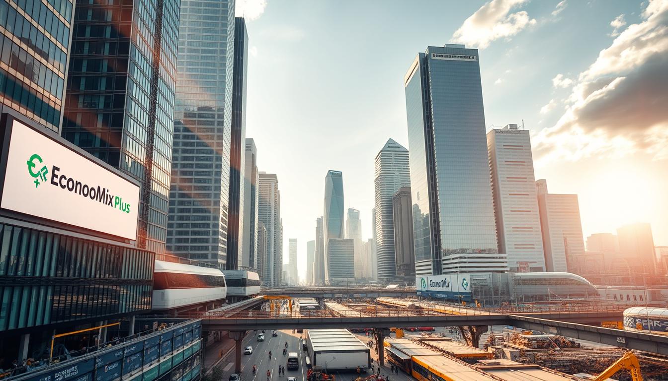 A modern cityscape with towering skyscrapers, sleek glass facades, and efficient transportation systems. In the foreground, a financial district bustling with activity, with the "EconoMix Plus" brand prominently displayed on a large digital screen. Rays of warm sunlight filter through, casting a soft glow over the scene. In the middle ground, a bustling marketplace showcases the exchange of goods and services, while in the background, advanced manufacturing facilities churn out innovative products. The atmosphere conveys a sense of progress, economic vitality, and a commitment to sustainable development.