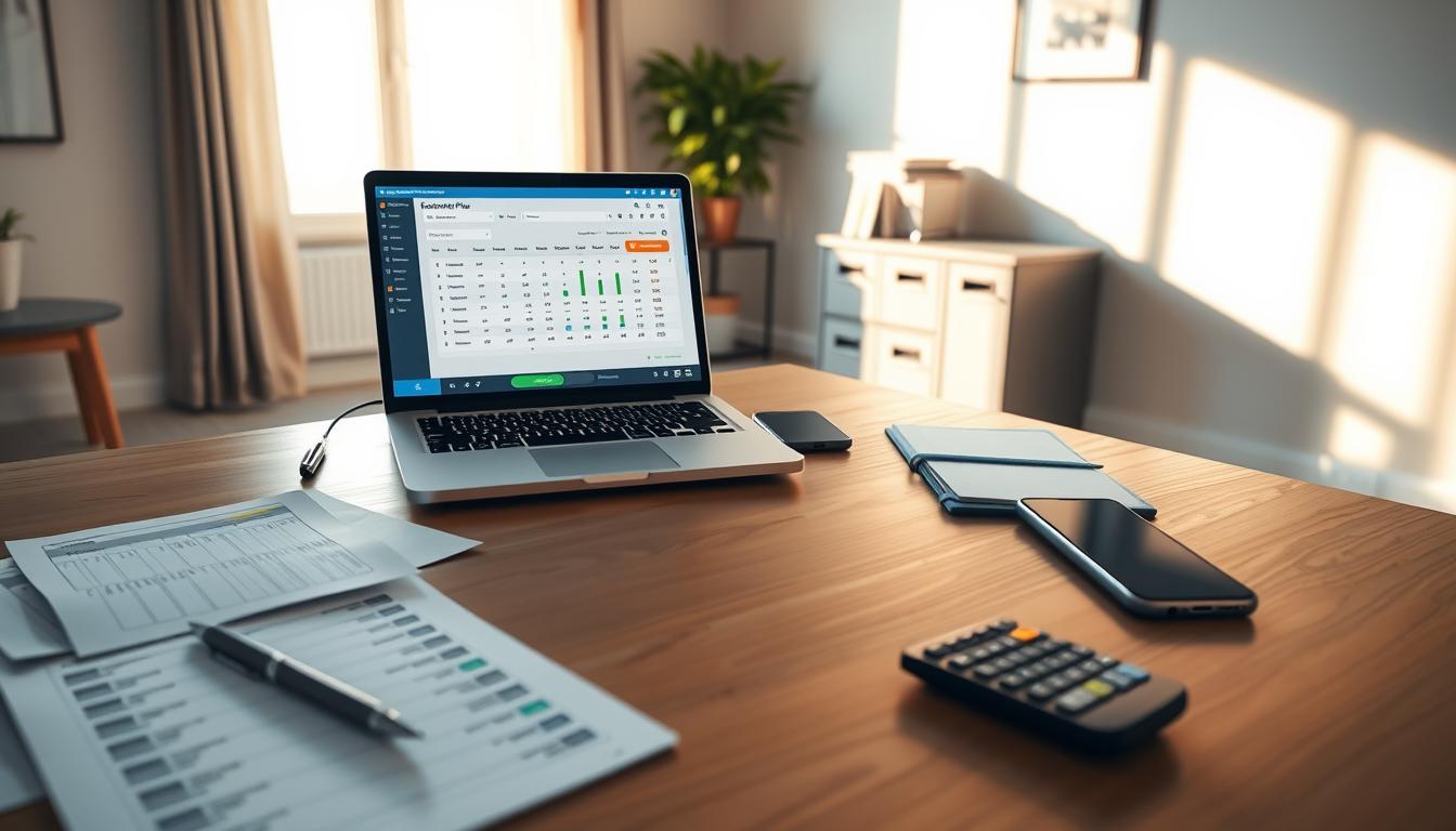 A modern home office with a wooden desk, a laptop displaying a financial tracking app called &quot;EconoMix Plus&quot;, and a smartphone nearby. The room is illuminated by soft, natural lighting from a large window, casting a warm glow on the scene. The foreground features various financial documents, a pen, and a calculator, while the middle ground showcases organizational tools like a planner and a filing cabinet. The background subtly suggests a serene, minimalist decor, allowing the financial tracking elements to take center stage. The overall atmosphere conveys a sense of focus, productivity, and careful financial management.