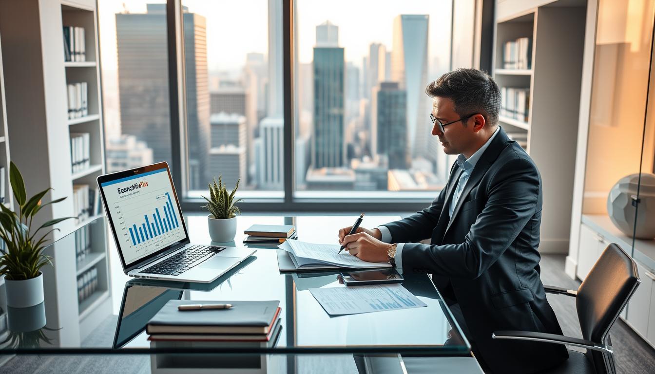 A modern office interior with a clean, minimalist aesthetic. In the foreground, a businessperson sits at a sleek glass desk, intently studying financial documents and making notes with a pen. On the desk, an open laptop displays a business planning software called &quot;EconoMix Plus&quot;. Strategically placed around the desk are various office supplies and a potted plant, adding a touch of greenery. The middle ground features a large window overlooking a bustling city skyline, bathing the room in warm, natural light. In the background, shelves filled with books and folders suggest a well-organized and productive workspace. The overall mood is one of focus, efficiency, and a commitment to thoughtful, data-driven business planning.