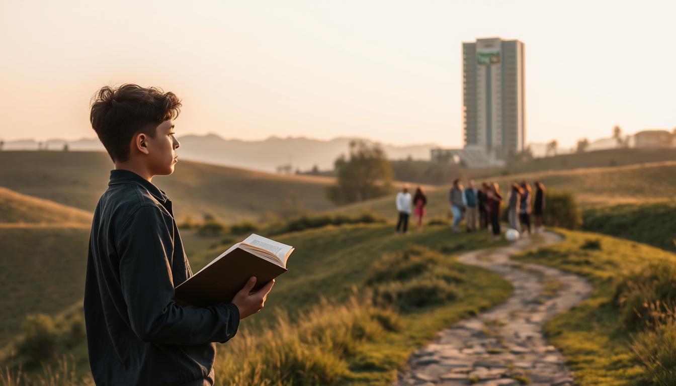 A peaceful, serene landscape with rolling hills, lush greenery, and a winding path leading into the distance. In the foreground, a young person stands, gazing thoughtfully at a book in their hands, symbolizing the start of their learning investment journey. The sky is a soft, warm hue, casting a gentle glow over the scene. In the middle ground, a group of people of diverse ages and backgrounds are gathered, engaged in animated discussions, sharing knowledge and experiences. In the background, a towering, modern building bearing the EconoMix Plus logo stands, representing the opportunities and resources available for personal and professional growth. The overall atmosphere conveys a sense of tranquility, possibility, and the transformative power of lifelong learning.