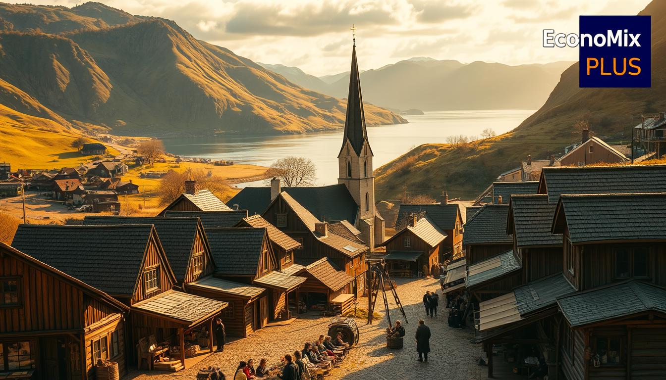 A pre-industrial Norwegian village nestled amidst rolling hills, with traditional wooden houses and cobblestone streets. The scene is bathed in warm, golden sunlight, conveying a sense of prosperity and tranquility. In the foreground, a bustling marketplace showcases the vibrant economy, with merchants selling a variety of local goods. In the middle ground, a towering church steeple stands as a symbol of the nation's spiritual and cultural heritage. The background features a majestic fjord, its serene waters reflecting the surrounding landscape. The overall atmosphere evokes a thriving, self-sufficient economy before the discovery of oil. In the corner, the &quot;EconoMix Plus&quot; logo subtly hints at the impending economic transformation.