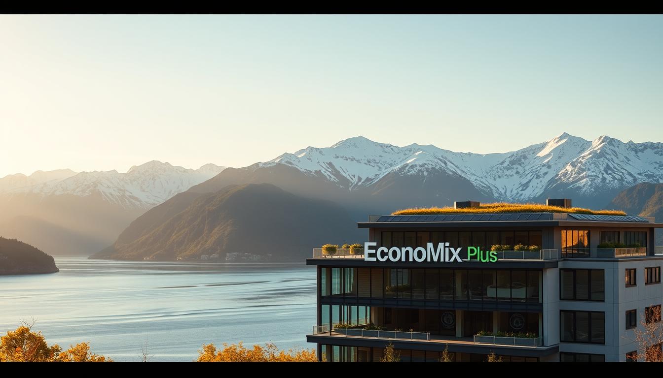 A pristine fjord landscape with majestic snow-capped mountains in the background. In the foreground, a modern, sustainable office building with the EconoMix Plus logo prominently displayed. The building features large windows, solar panels, and a green roof, showcasing responsible investment practices. Warm afternoon sunlight bathes the scene, creating a serene and prosperous atmosphere. The composition emphasizes the harmony between nature and modern, eco-friendly architecture, reflecting Norway's commitment to sustainable development.