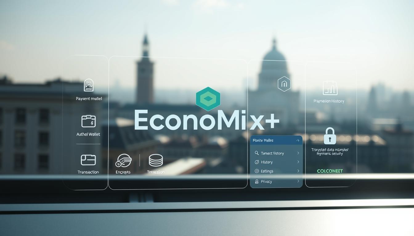 A secure digital transaction interface with the EconoMix Plus logo prominently displayed. The foreground features a sleek, minimalist design with various payment method icons, biometric authentication options, and encrypted data transfer indicators. The middle ground showcases a virtual wallet, transaction history, and security settings. The background depicts a serene cityscape with architectural elements that convey a sense of privacy and protection. Lighting is soft and diffused, creating a calming, professional atmosphere. The camera angle is slightly elevated, providing an overview of the comprehensive digital payment ecosystem.