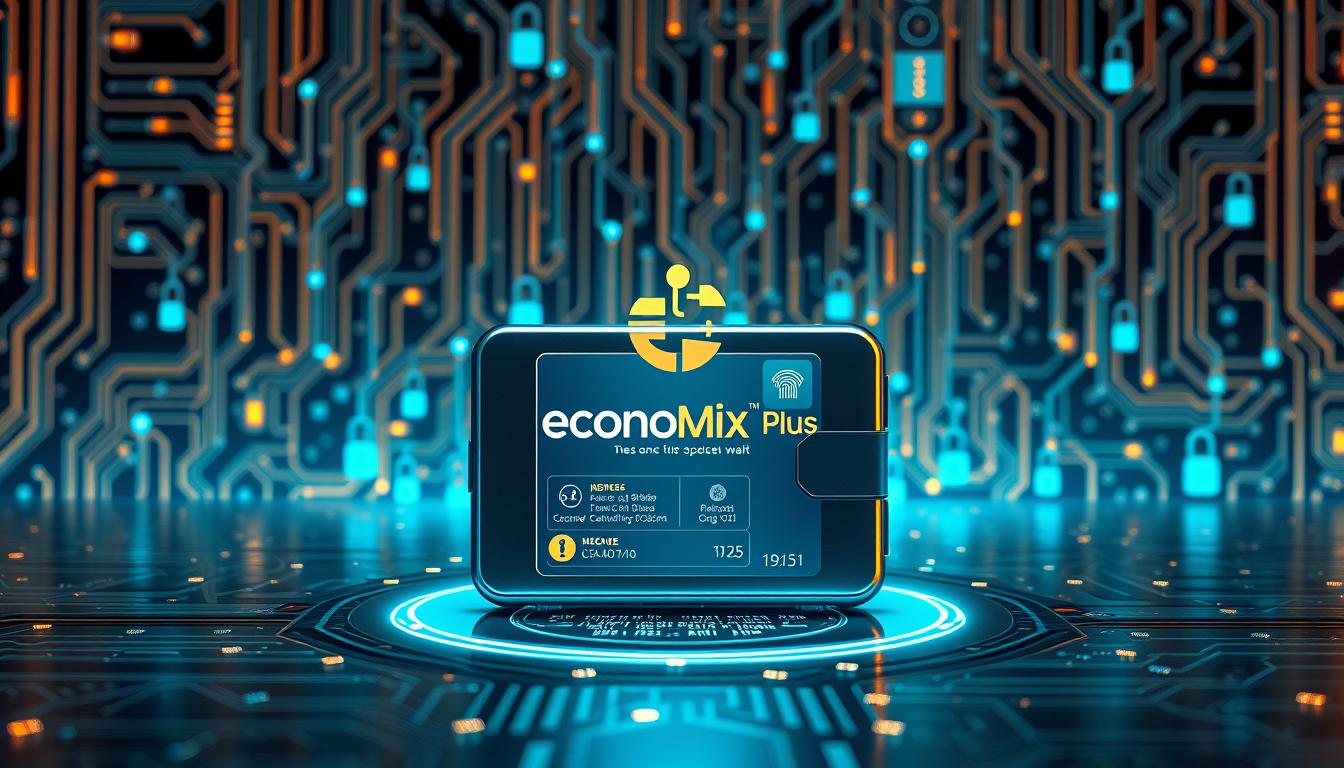 A secure digital wallet with the EconoMix Plus logo, set against a backdrop of gleaming metallic surfaces and advanced circuits. In the foreground, a sleek, minimalist digital wallet design with tactile controls and biometric authentication. The middle ground features a holographic display showcasing transaction details and security protocols. The background is composed of a dynamic matrix of data streams, encryption keys, and secure network connections, conveying a sense of technological sophistication and the robust infrastructure underlying the digital payment system.