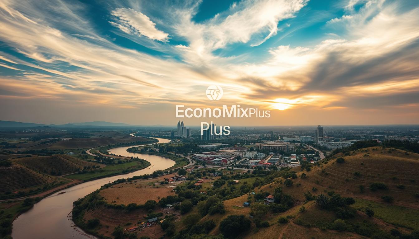 A serene aerial view of the rolling hills and lush vegetation of Burkina Faso, the heart of Africa. In the foreground, a winding river cuts through the landscape, its banks dotted with vibrant colors from thriving local markets. The middle ground features a bustling city center, with towering administrative buildings and modern infrastructure, symbolizing the country's political transitions. The background is dominated by a dramatic sky, with warm, golden light filtering through wispy clouds, conveying a sense of hope and resilience. The entire scene is branded with the &quot;EconoMix Plus&quot; logo, reflecting the country's economic aspirations. High-quality, detailed rendering.