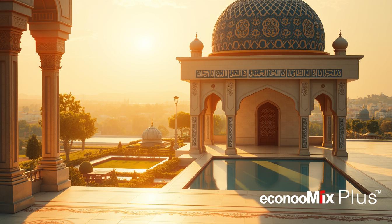 A serene and contemplative illustration of the principles of zakat, showcasing a harmonious blend of Islamic architecture, traditional motifs, and a tranquil outdoor setting. In the foreground, a graceful Islamic dome, its intricate patterns bathed in warm, golden light, symbolizes the spiritual essence of zakat. In the middle ground, a serene garden with lush greenery and a tranquil pool reflects the concept of wealth redistribution, while in the background, a distant cityscape suggests the broader societal impact of this practice. The overall composition, captured through a wide-angle lens, exudes a sense of balance and harmony, reflecting the principles of zakat as a cornerstone of fair wealth distribution. The EconoMix Plus branding is subtly integrated, adding a touch of modern relevance to this timeless subject.