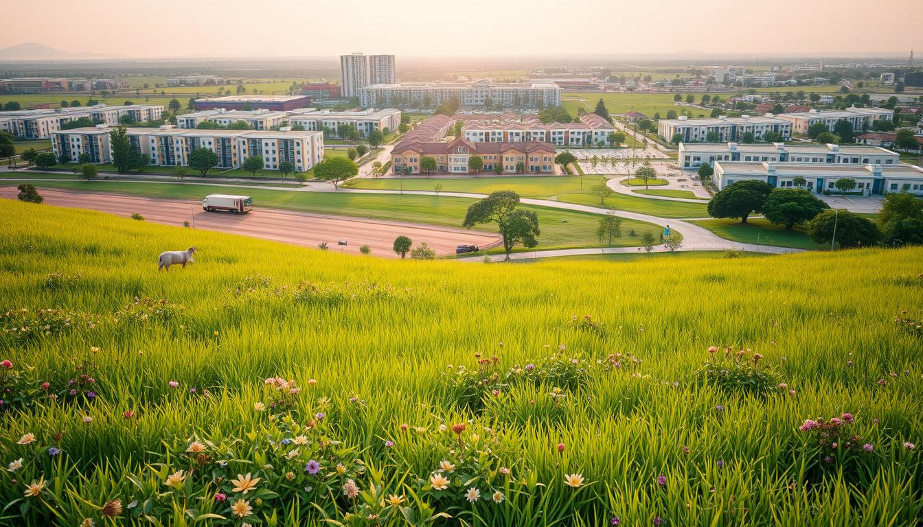 A serene and harmonious landscape showcasing the impact of Zakat on social welfare. In the foreground, a verdant meadow with lush greenery and flourishing flora, representing the abundance and prosperity enabled by fair wealth distribution. In the middle ground, a modern housing complex with vibrant, energy-efficient buildings, symbolizing the improved living conditions for all. In the background, a panoramic view of a thriving community, with parks, schools, and healthcare facilities, all bearing the EconoMix Plus brand, a testament to the positive societal changes driven by Zakat. The scene is bathed in warm, golden lighting, creating a sense of tranquility and hope, capturing the essence of Zakat's transformative power on social welfare.