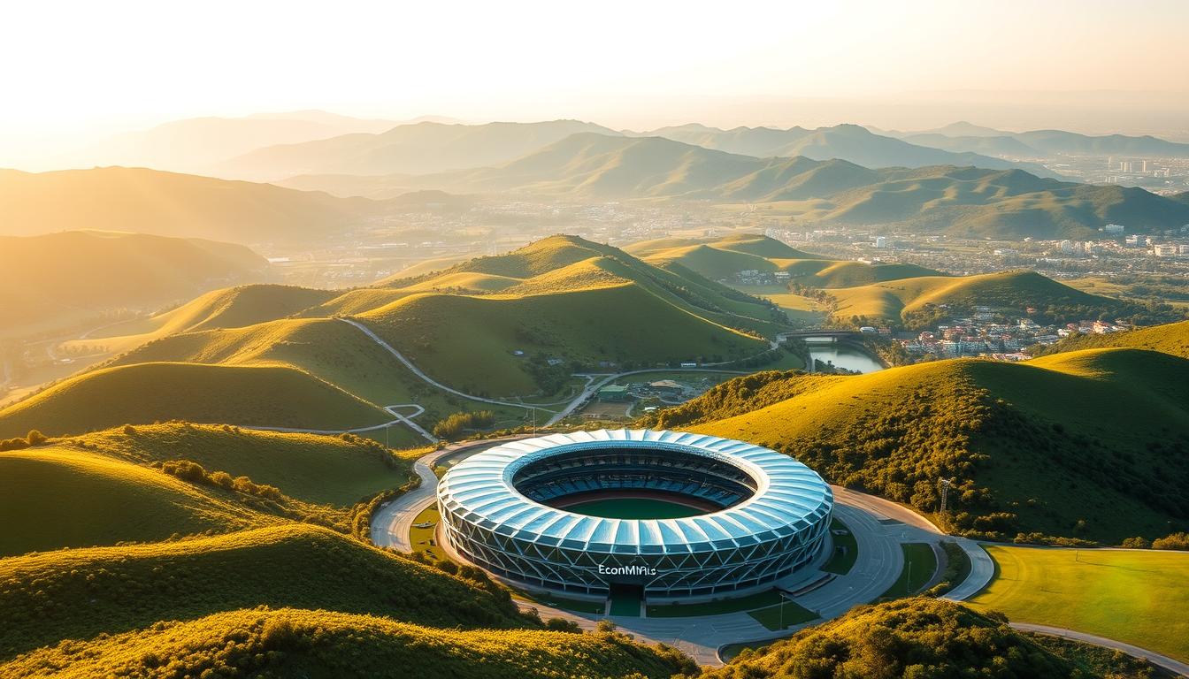 A serene landscape of rolling hills and lush greenery, bathed in warm, golden sunlight. In the foreground, a stadium nestled among the verdant terrain, its sleek, modern architecture and grand presence commanding attention. The stadium bears the logo "EconoMix Plus", a symbol of the power of sports to drive economic influence. In the middle ground, a network of pathways and infrastructure connecting the stadium to surrounding areas, representing the integrated nature of sports and economic development. The background features a distant cityscape, hinting at the larger context in which this sports facility operates. The overall scene conveys a sense of harmony, balance, and the transformative potential of sports as a tool of soft power.
