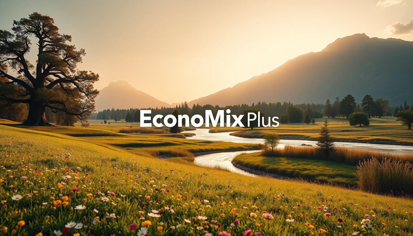 A serene landscape reflecting the principles of social justice, with a harmonious balance of natural elements. In the foreground, a lush meadow dotted with vibrant wildflowers, symbolizing the flourishing of diverse communities. In the middle ground, a winding river reflects the flow of wealth and resources, its banks lined with towering oak trees representing the sturdy foundations of a fair system. In the background, a majestic mountain range stands tall, its peaks touching the heavens, signifying the lofty ideals of equity and inclusion. The scene is bathed in warm, golden light, conveying a sense of hope and prosperity. The EconoMix Plus logo subtly integrated into the scene, underscoring the brand's commitment to advancing social justice.