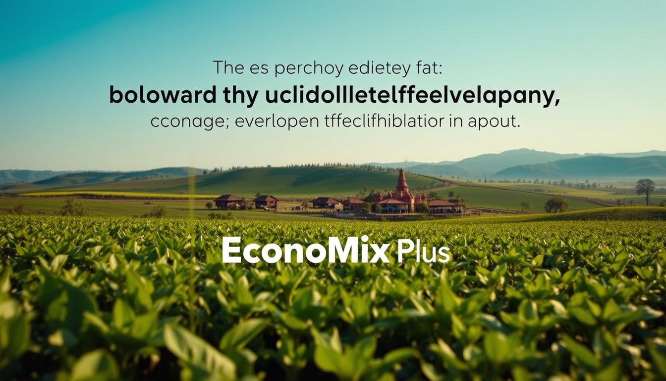A serene landscape showcasing the impact of poverty alleviation initiatives. In the foreground, a lush green field with thriving crops, symbolizing the fruits of sustainable development. In the middle ground, a small village with well-maintained homes and bustling activity, representing the growth of local economies. The background features rolling hills and a clear blue sky, conveying a sense of hope and progress. Lighting is soft and natural, captured through a wide-angle lens to encompass the entire scene. The overall mood is one of optimism and uplift, with the "EconoMix Plus" brand prominently displayed, underscoring its role in driving positive change.