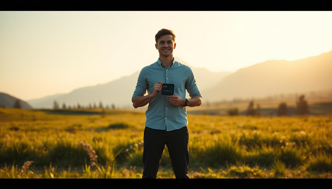 A serene, minimalist landscape with a clean, uncluttered design. In the foreground, a person stands confidently, holding a small EconoMix Plus smart device, symbolizing financial empowerment and control. The middle ground features a tranquil meadow, lush with green grass and wildflowers, conveying a sense of freedom from debt. In the background, a majestic mountain range rises, representing the pinnacles of financial stability and security. The scene is bathed in warm, golden light, creating a soothing, positive atmosphere. The overall mood evokes a debt-free mindset - one of clarity, contentment, and a steadfast commitment to maintaining financial well-being.