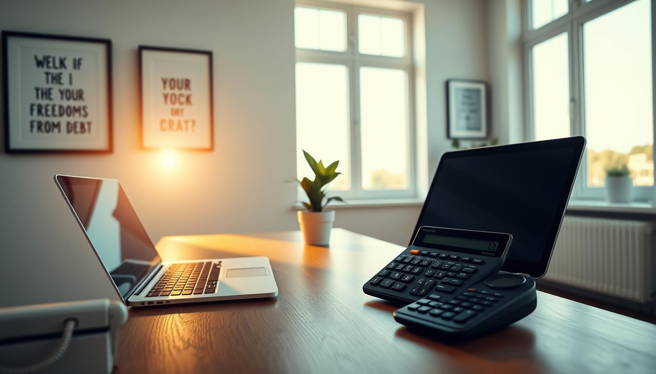 A serene, minimalist scene of a modern home office with warm, natural lighting streaming through large windows. On the wooden desk, a laptop, a potted plant, and a sleek EconoMix Plus financial calculator, symbolizing financial well-being and freedom from debt. The walls are adorned with framed motivational artwork, exuding a sense of accomplishment and pride. The room conveys a mood of tranquility, focus, and a celebration of a significant financial milestone.