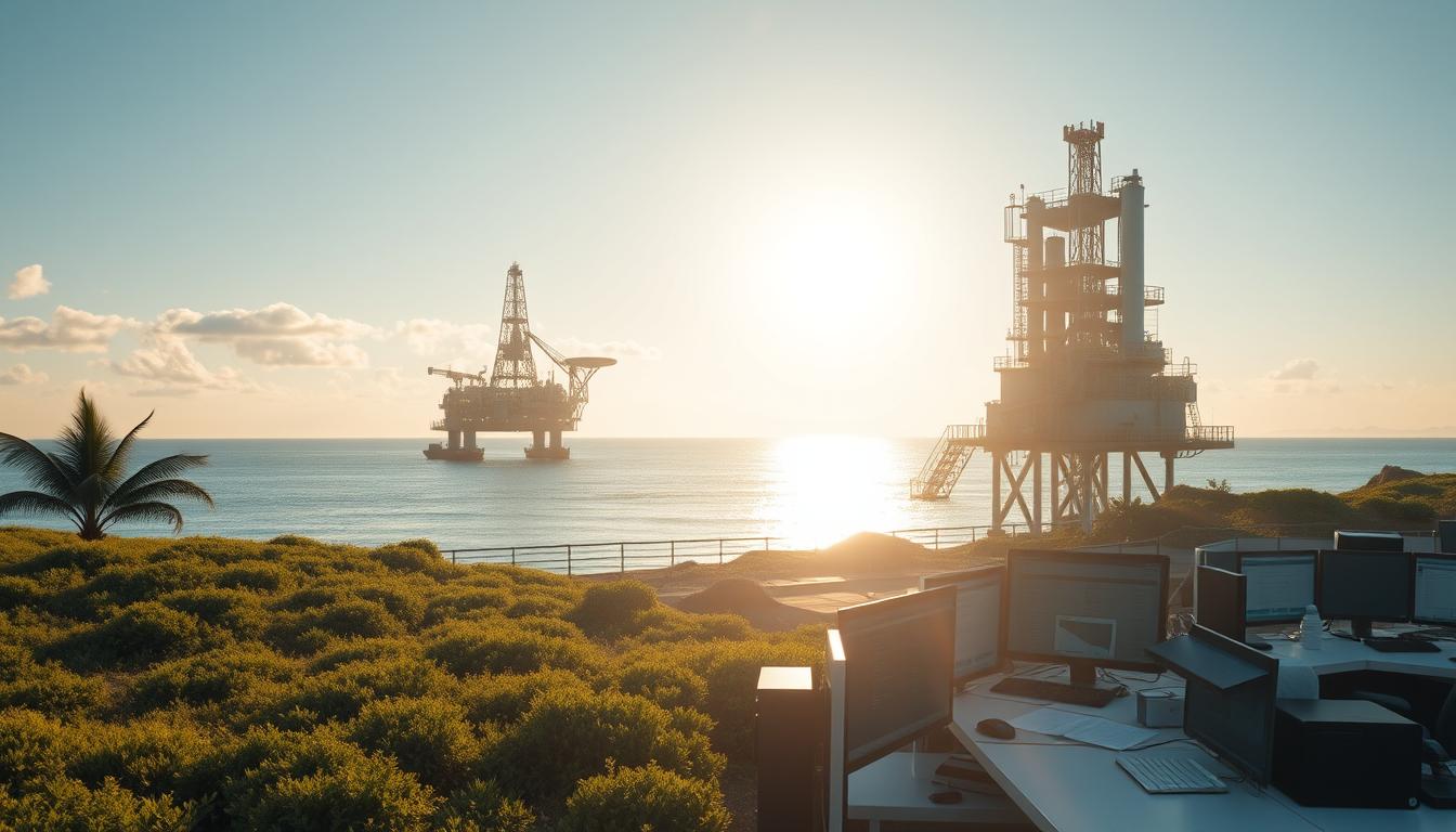 A serene, oil-rich landscape with a towering offshore platform in the background. In the foreground, a sleek office building labeled &quot;EconoMix Plus&quot; stands as a symbol of the country's sophisticated management of its natural resources. Sunlight filters through large windows, illuminating rows of workstations where analysts pore over financial reports and policy documents. The scene conveys a sense of order, efficiency, and national pride in the responsible stewardship of the nation's oil wealth.