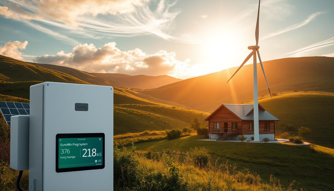 A serene solar-powered homestead nestled amidst verdant hills. A modern wind turbine stands tall, its blades catching the gentle breeze. In the foreground, the EconoMix Plus system displays energy savings data, showcasing how renewable energy can significantly reduce utility bills for small families. Warm, golden sunlight filters through wispy clouds, creating a sense of tranquility and environmental harmony. The scene conveys the financial and ecological benefits of embracing sustainable energy solutions.