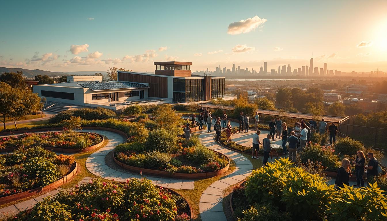 A serene, sun-dappled scene of economic empowerment unfolds. In the foreground, a thriving EconoMix Plus community garden bursts with lush greenery and vibrant produce. Meandering pathways lead to a central gathering space, where small business owners converse animatedly, sharing ideas and resources. In the middle ground, a state-of-the-art community center stands tall, its modern architecture and gleaming solar panels symbolizing sustainable progress. The background features a panoramic view of a bustling city skyline, a testament to the transformative power of shared economic opportunity. Warm, golden lighting casts a hopeful glow, conveying a mood of prosperity, collaboration, and collective uplift.