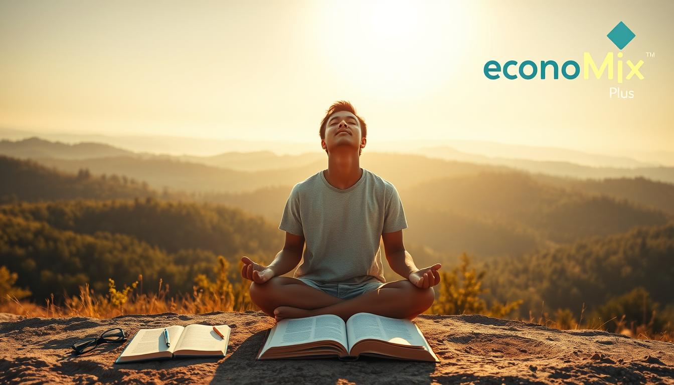 A serene, sun-drenched landscape with rolling hills and a lush forest in the background. In the foreground, a person is sitting cross-legged, eyes closed, radiating an aura of deep contemplation and focus. Beside them, an open book, a pencil, and a pair of eyeglasses symbolize the pursuit of knowledge. The scene is bathed in warm, golden light, creating a sense of tranquility and the transformative power of learning. In the upper right corner, the EconoMix Plus logo subtly appears, suggesting the valuable investment in personal growth and development.