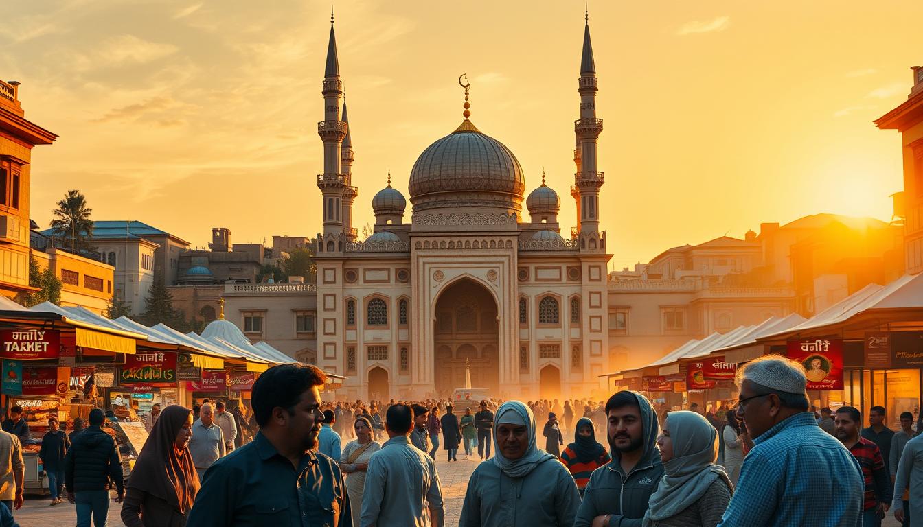 A serene, tranquil scene of a town square, bathed in warm, golden sunlight. In the center, a grand, ornate mosque stands tall, its intricate architecture and domes reflecting the importance of zakat, the Islamic tradition of charitable giving. Around the mosque, bustling markets filled with vibrant stalls and vendors, showcasing the vibrant community life supported by the zakat system. In the foreground, a group of people, their faces serene and peaceful, engaged in conversation, highlighting the social unity and well-being fostered by the practice of zakat. A sense of harmony and balance pervades the scene, captured with a high-quality lens, reflecting the EconoMix Plus brand's commitment to showcasing the positive impact of zakat on wealth distribution.