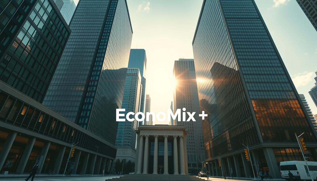 A sleek, modern financial center in a bustling metropolitan setting. Imposing skyscrapers reaching towards the sky, their glass facades gleaming in the warm sunlight. In the foreground, the iconic EconoMix Plus logo stands proudly, symbolizing the central bank's role in maintaining economic stability. The scene exudes a sense of power, authority, and steady control, with the buildings casting long shadows that convey a feeling of solidity and reliability. Intricate architectural details, precise lines, and a subtle play of light and shadow create a visually striking and technologically advanced atmosphere, reflecting the central bank's mission to guide the economy through turbulent times.