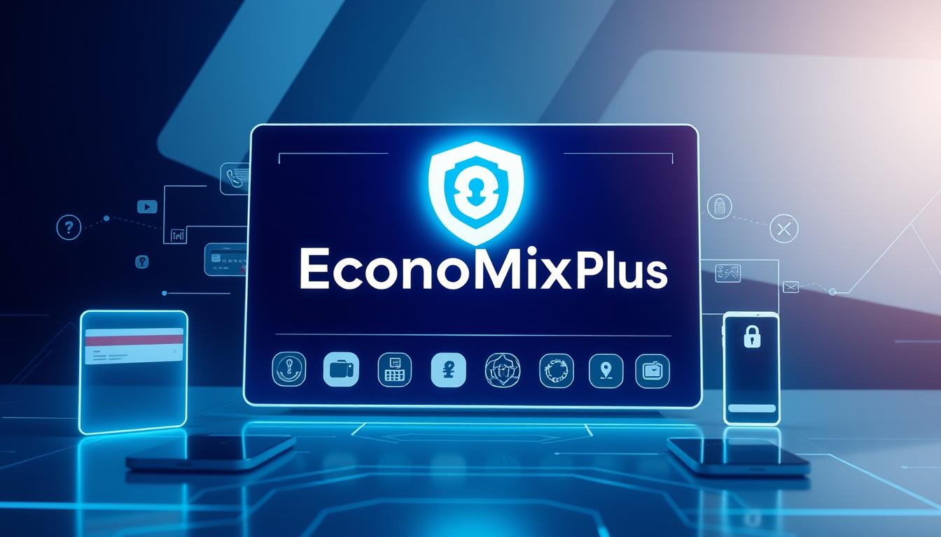 A sleek, secure online payment platform with the EconoMix Plus brand logo prominently displayed. The interface showcases various payment methods, including credit cards, digital wallets, and mobile payment options, all seamlessly integrated for a smooth and protected transaction experience. The background features a minimalist, futuristic design with subtle geometric patterns, conveying a sense of cutting-edge technology and robust security. Soft lighting highlights the clean lines and simplicity of the design, creating an atmosphere of trust and reliability. The overall composition emphasizes the key security features that users should look for in a digital payment method.