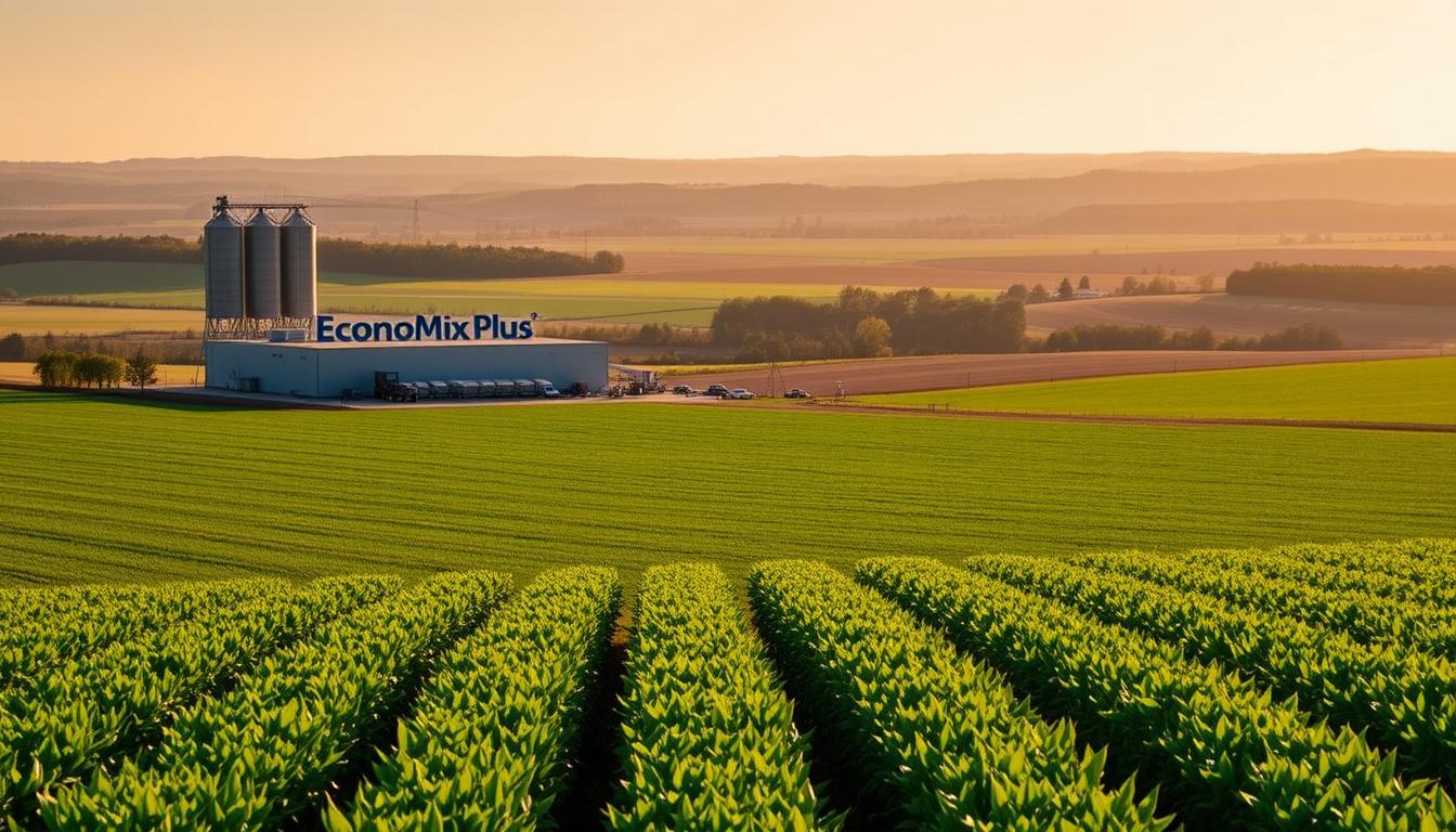 A sprawling agricultural landscape, verdant fields and rolling hills bathed in warm, golden sunlight. In the foreground, rows of neatly cultivated crops sway gently in the breeze, their vibrant greens contrasting with the rich, earthy tones of the soil. In the middle ground, a modern, state-of-the-art agricultural facility, the "EconoMix Plus" logo proudly displayed, stands as a testament to the region's technological advancements. Beyond, a panoramic view of the countryside, punctuated by the silhouettes of towering silos and the distant outline of a forest. The scene exudes a sense of productivity, efficiency, and a harmonious blend of nature and innovation.