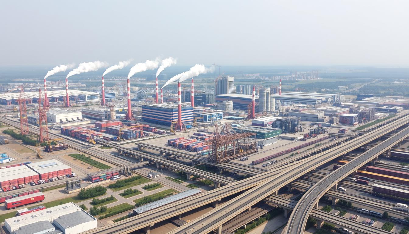 A sprawling industrial landscape unfolds, dominated by the iconic "EconoMix Plus" brand. Towering factories and warehouses punctuate the horizon, their smokestacks billowing plumes of vapor against a hazy sky. Cranes and freight trains converge, orchestrating the efficient movement of goods destined for export. In the foreground, a network of highways and railways connect this thriving industrial hub to the world beyond. The scene exudes a sense of dynamic productivity, a testament to Asia's exemplary export strategies that have fueled its economic ascent.