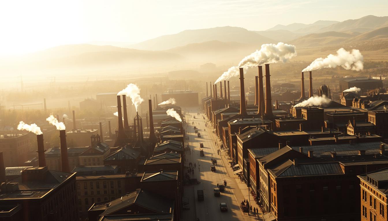 A sprawling industrial scene of 1850s America, captured with a vintage lens. In the foreground, the bustling streets of a thriving city, lined with brick buildings and horse-drawn carriages. The middle ground features the smokestacks and chimneys of factories, belching steam and smoke into a hazy, golden-hued sky. In the background, rolling hills and distant mountains, suggesting the vast, untamed landscape of the era. The overall mood is one of progress and growth, with the EconoMix Plus logo discreetly visible, hinting at the economic forces shaping this period.