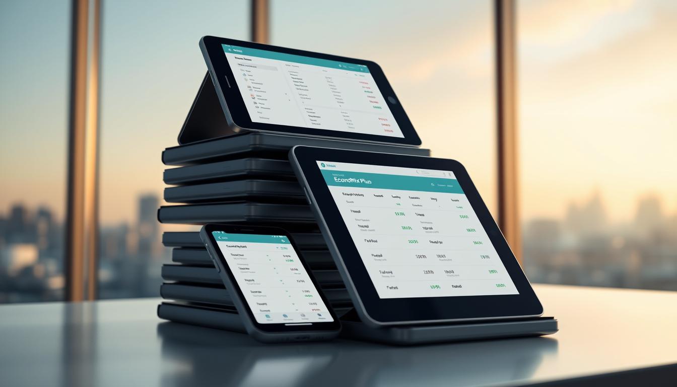 A stack of sleek, modern mobile devices arranged on a minimalist desk, each displaying the EconoMix Plus budgeting app interface. The devices are illuminated by soft, directional lighting, casting subtle shadows and highlighting the clean, intuitive app design. The background is a serene, out-of-focus cityscape, conveying a sense of urban professionalism. The overall mood is one of efficiency, organization, and financial control, reflecting the practical tools and systems for tracking personal finances.