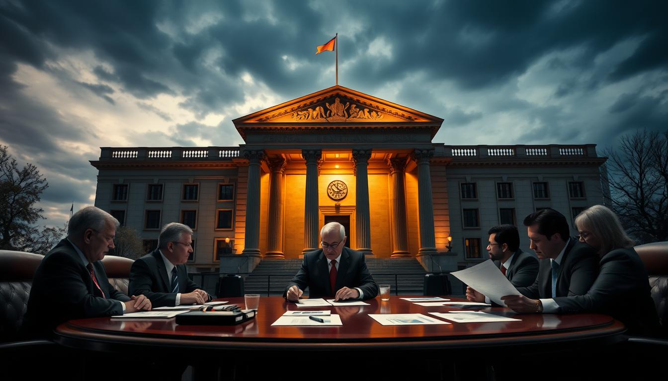 A stately central bank facade, illuminated by warm spotlights, stands resolute against a backdrop of a cloudy, tense sky. In the foreground, a panel of serious-faced bankers seated around a polished mahogany table, examining documents and charts as they deliberate the EconoMix Plus interest rate hike. Dramatic shadows and dramatic angles convey the gravity of their decision, the weight of economic responsibility. The scene exudes an air of sober authority, befitting the critical nature of the central bank's actions.