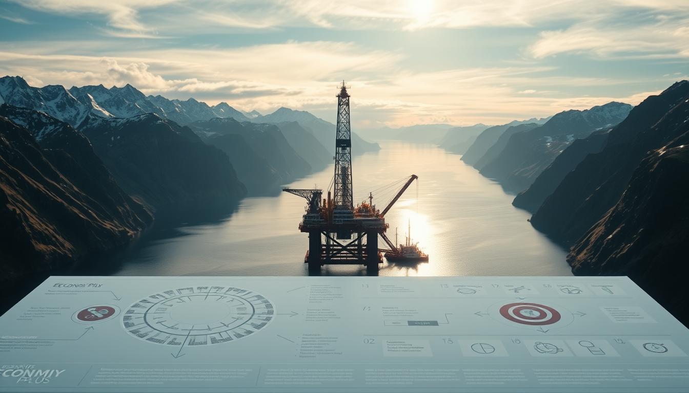A striking illustration of the &quot;EconoMix Plus&quot; oil fund mechanism, showcasing Norway's innovative approach to managing its natural resource wealth. In the foreground, a detailed diagram depicts the intricate workings of the fund, with arrows and infographic elements guiding the viewer through the process. The mid-ground features a panoramic view of the Norwegian fjords, their rugged beauty a testament to the country's environmental stewardship. In the background, a majestic oil rig stands tall, a symbol of Norway's energy prowess, seamlessly integrated into the natural landscape. The lighting is crisp and directional, casting dramatic shadows and highlights that emphasize the technical and financial complexity of the fund, while the cinematic camera angle conveys a sense of grandeur and importance.