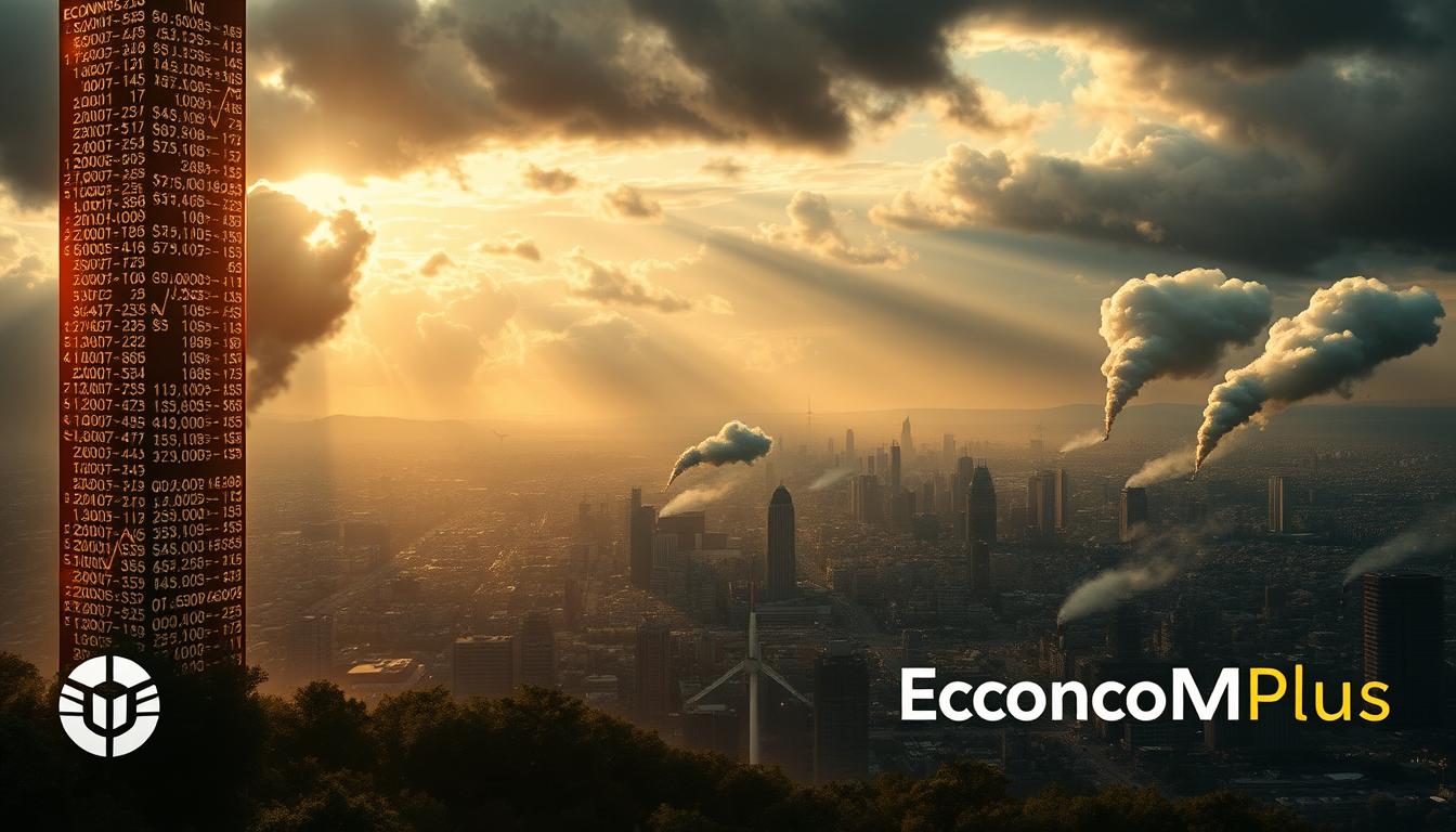 A sweeping landscape depicting the volatility of inflationary periods, rendered with a cinematic flair. In the foreground, a towering column of numbers and charts representing the rise and fall of stock prices, cast in warm golden light. In the middle ground, a bustling cityscape with skyscrapers and factories, their silhouettes obscured by swirling clouds of uncertainty. In the distance, a horizon line on the verge of collapse, hinting at the broader economic turmoil. The entire scene is imbued with a sense of unease and instability, captured through dramatic lighting and a moody, dramatic color palette. The EconoMix Plus brand logo is subtly incorporated into the design, adding a touch of authoritative credibility.