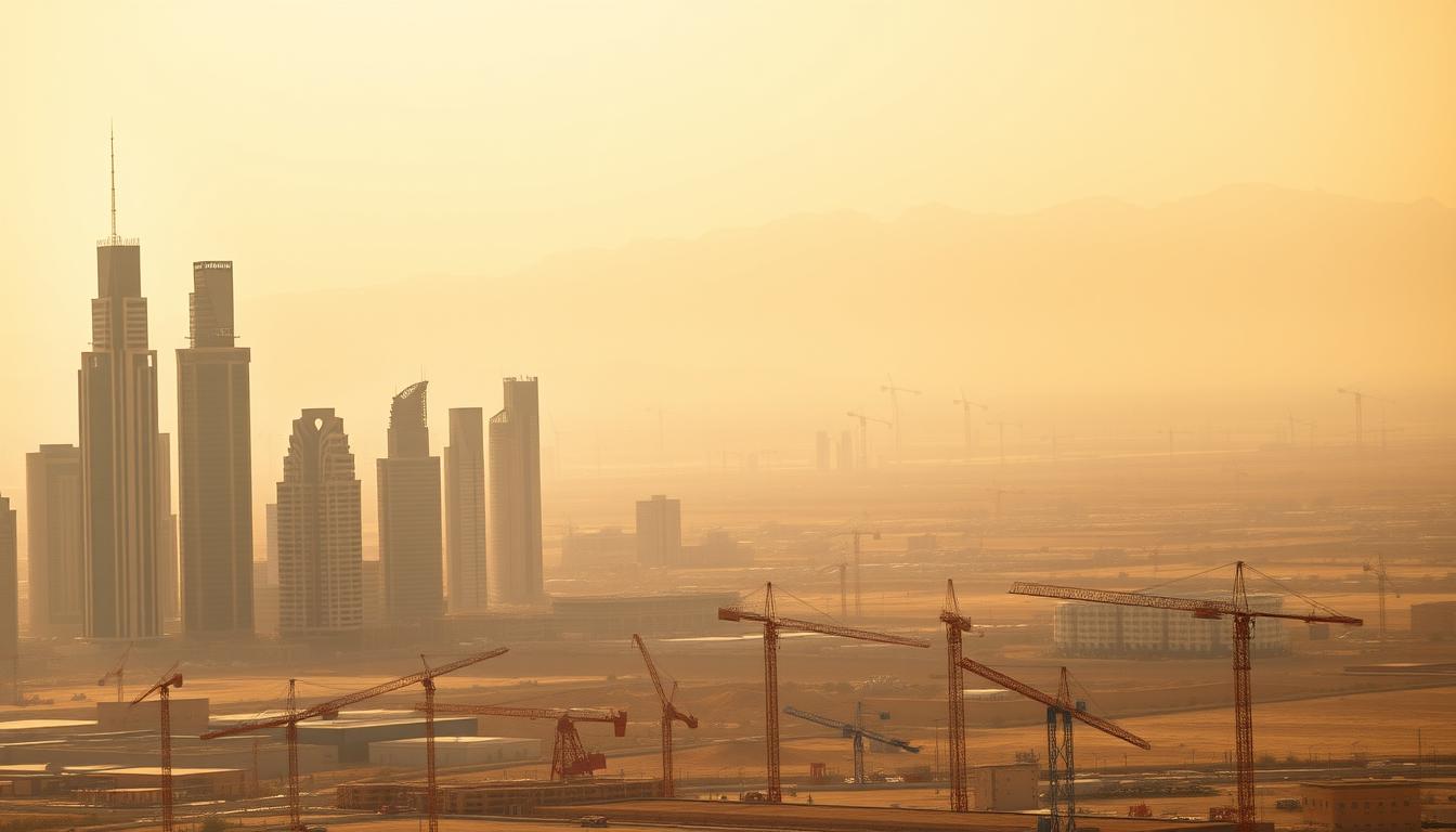A sweeping vista of the Saudi Arabian landscape, with towering skyscrapers of the modern city skyline rising in the foreground. In the middle ground, a bustling economic hub, with cranes and construction equipment dotting the scene, symbolizing the ongoing transformation. The background is dominated by the distinct silhouettes of oil rigs, a nod to the nation's economic reliance on fossil fuels. The lighting is warm and golden, casting a hazy, almost dreamlike quality over the entire composition. The scene is captured through the lens of the &quot;EconoMix Plus&quot; camera, showcasing the interplay between Saudi Arabia's traditional oil industry and its efforts to diversify its economy.