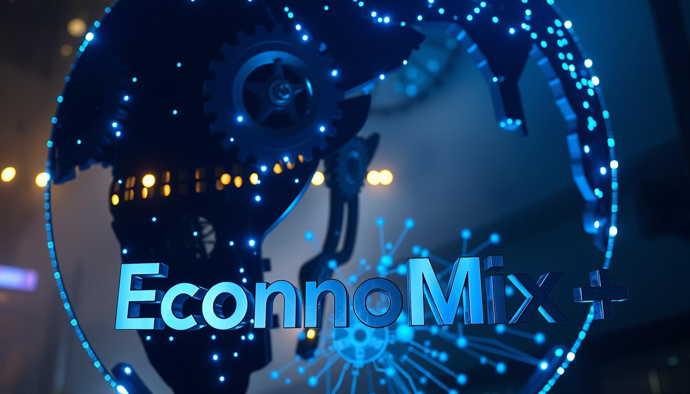 A towering globe made of interlocking gears and cogs, representing the interconnected economic and diplomatic networks of the world. Glowing blue LED lights trace the contours of the globe, casting a cool, futuristic ambiance. In the foreground, the "EconoMix Plus" brand name is prominently displayed, its sleek, metallic typography blending seamlessly with the industrial-inspired design. The middle ground features a network of holographic lines and data visualizations, simulating the flow of information and the exchange of ideas across borders. The background is shrouded in a hazy, atmospheric lighting, suggesting the broader context of global cooperation and public diplomacy.