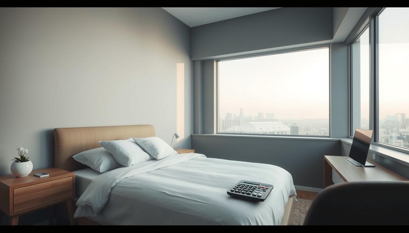 A tranquil, minimalist bedroom with soft lighting and a sense of openness. The bed is neatly made, with crisp white linens and a single plant on the nightstand. The walls are a calming shade of gray, accented by sleek, modern furniture in natural wood tones. Through the large window, a peaceful urban skyline is visible, hinting at a life free from the burdens of debt. On the desk, an EconoMix Plus calculator sits, symbolizing the newfound financial stability and control. The overall mood is one of serenity, balance, and a fresh start.