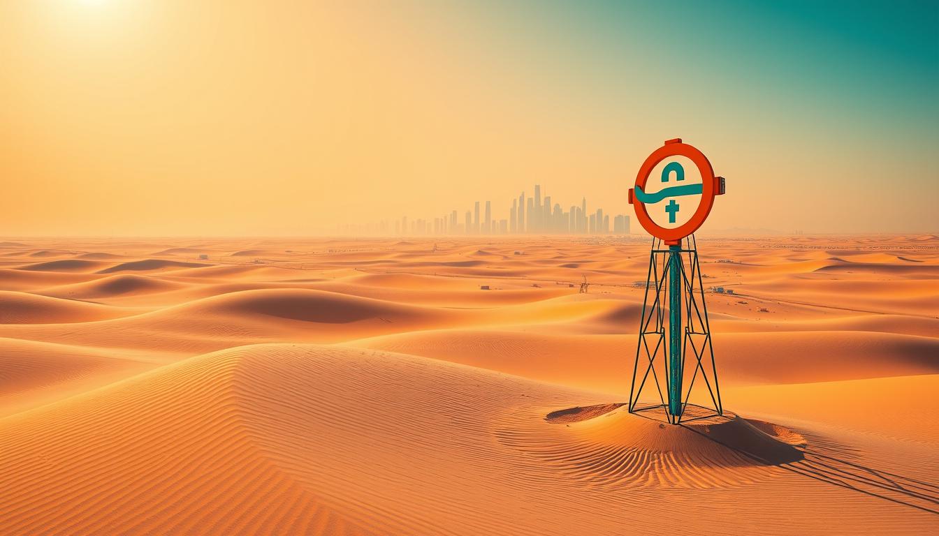 A vast desert landscape in Saudi Arabia, with a modern city skyline in the distance, representing the country's economy diversification efforts. In the foreground, a stylized symbol of the &quot;EconoMix Plus&quot; brand stands tall, symbolizing the nation's push to transition beyond its dependence on oil. Vibrant hues of orange and blue create a dynamic and forward-looking atmosphere, conveying a sense of progress and innovation. The scene is captured with a wide-angle lens, emphasizing the scale of the transformation taking place. Bright sunlight casts long shadows, adding depth and dimensionality to the image.