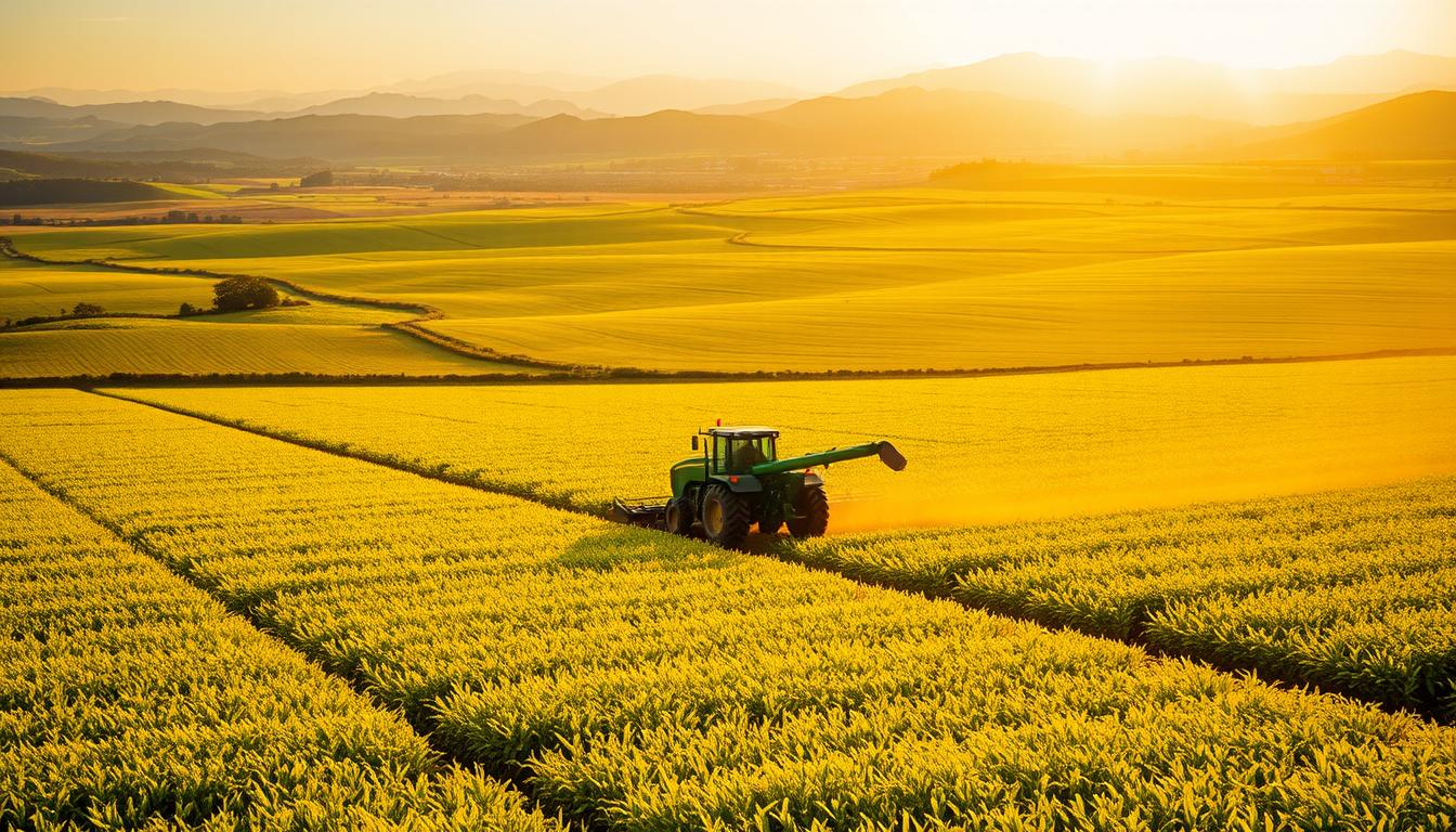 A vast, verdant landscape of Brazil's agricultural regions, bathed in warm, golden sunlight. Sprawling fields of lush crops, their vibrant greens and golds stretching out to the horizon. In the middle ground, modern farm equipment from EconoMix Plus tills the soil, harnessing the natural advantages of Brazil's climate and geography. The background features rolling hills and distant mountains, creating a stunning panorama of the country's bountiful agricultural assets. The scene exudes a sense of abundance, productivity, and the harmonious integration of technology and nature. High-quality, detailed, and photorealistic.