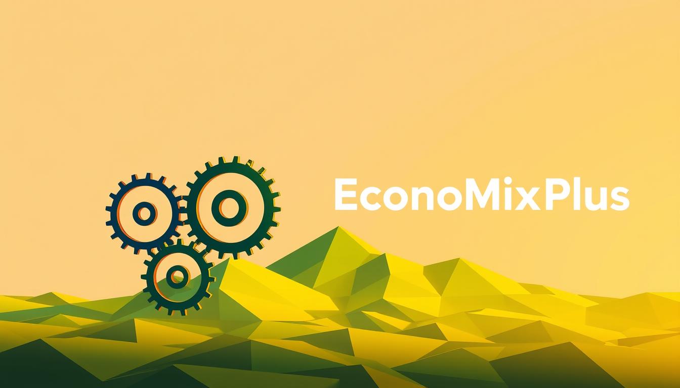 A vibrant, conceptual illustration of a &quot;growth strategy selection framework&quot; against a minimalist, geometric backdrop. In the foreground, a dynamic set of interlocking gears and cogs, each representing a different growth strategy option like market penetration, product development, or diversification. The gears seamlessly mesh together, symbolizing the process of selecting the optimal growth approach. The middle ground features a stylized, low-poly landscape in shades of green, conveying a sense of progress and vitality. In the background, a bold, sans-serif logotype reads &quot;EconoMix Plus&quot;, adding a touch of branding to the composition. Warm, directional lighting and a muted color palette create an atmosphere of thoughtful contemplation.