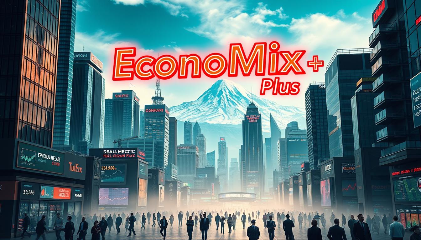 A vibrant, futuristic cityscape with a dynamic skyline of towering skyscrapers and gleaming glass facades. In the foreground, a bold neon sign reading &quot;EconoMix Plus&quot; illuminates a bustling financial district. Traders and investors move with purpose, surrounded by digital displays showcasing stock tickers, commodity prices, and economic indicators. The middle ground features a variety of &quot;inflation hedges&quot; - precious metals, real estate, cryptocurrency wallets, and energy infrastructure. In the background, a towering mountain range capped with snow reflects the changing economic landscape. Soft, directional lighting creates a sense of power and authority, while a subtle haze adds an air of sophistication. The overall mood is one of strength, resilience, and adaptability in the face of inflationary pressures.
