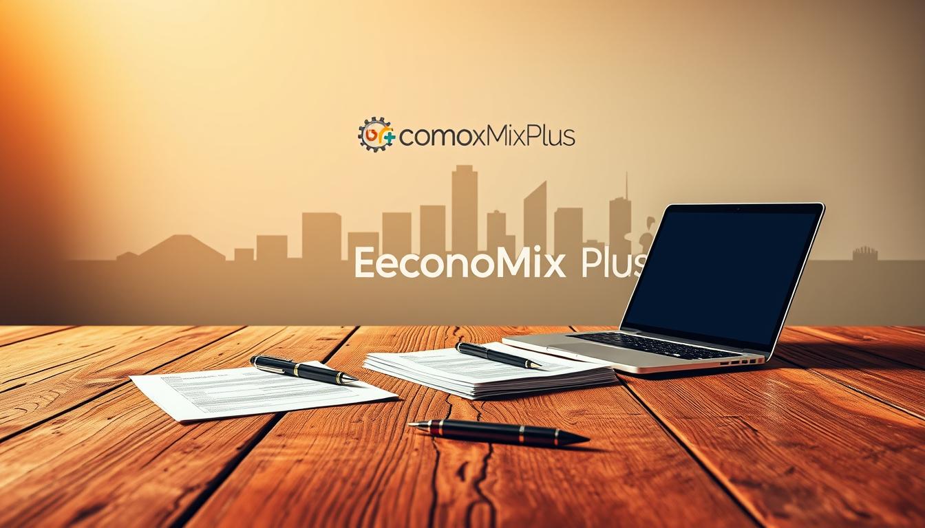 A vibrant, high-contrast business foundations scene featuring a solid, weathered wooden desk in the foreground, with a sleek, modern laptop, a stack of documents, and a professional-looking pen resting on it. In the middle ground, a group of colorful, dynamic icons representing various business elements such as a gear, a dollar sign, a graph, and a handshake. In the background, a minimalist, geometric skyline with the EconoMix Plus brand logo prominently displayed. The overall lighting is warm and inviting, with subtle shadows adding depth and dimension to the composition.