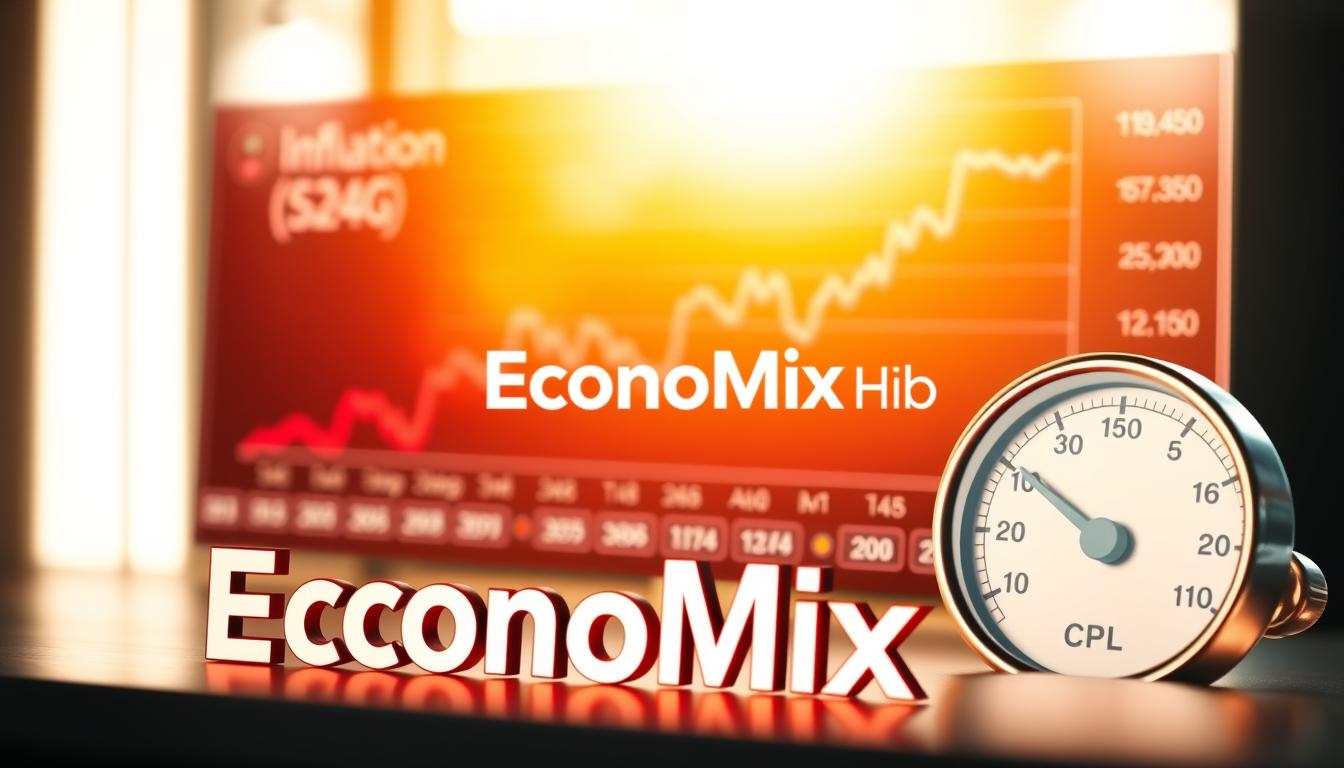 A vibrant, high-quality photograph of various inflation indicators, including a CPI chart, a stock market graph, and a gauge showing rising prices. The foreground features the EconoMix Plus brand name prominently displayed, with a modern, sleek design. The middle ground showcases the CPI chart and stock market graph, providing clear visual cues for understanding the dynamics between inflation and stock prices. The background is softly blurred, creating a sense of depth and focus on the key elements. Warm, natural lighting illuminates the scene, conveying a sense of clarity and insight. The overall composition is visually striking and effectively communicates the subject matter of the article section.