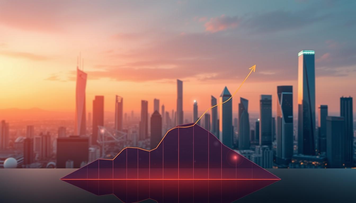 A visualization of startup investment returns, showcasing the EconoMix Plus model against a sleek, modern background. In the foreground, a geometric chart displays rising investment curves, reflecting the potential growth and profitability of startup ventures. The middle ground features subtle holographic elements, symbolizing the technological innovation and data-driven insights driving successful startup investments. In the background, a cityscape of gleaming skyscrapers and futuristic architecture sets the tone of a dynamic, prosperous business landscape. Warm lighting and a vibrant color palette convey a sense of optimism and opportunity, inspiring viewers to explore the potential of startup investing.