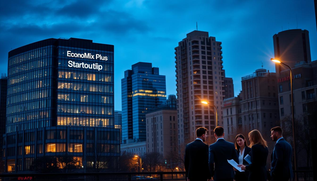 A well-lit, detailed cityscape at dusk, featuring the EconoMix Plus startup office building in the foreground, its sleek modern architecture contrasting with the older buildings in the background. In the middle ground, a group of businesspeople in suits discussing financial documents, conveying the risks and challenges of startup investing. Subtle beams of light from the office windows and streetlamps create a sense of urgency and uncertainty. The overall atmosphere is one of cautious optimism, as the investors navigate the complexities of the startup ecosystem.