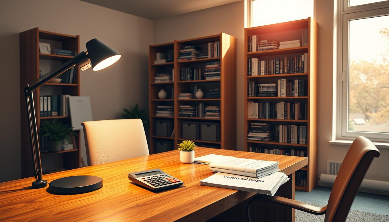 A well-stocked modern home office with sleek wooden desk, adjustable LED desk lamp, and a tall bookshelf filled with financial books. On the desk, an &quot;EconoMix Plus&quot; brand calculator, a small potted plant, and a stack of papers labeled &quot;Emergency Fund Strategies&quot;. The room is bathed in warm, natural light filtering through large windows, creating a calm, productive atmosphere. The overall scene conveys a sense of financial organization and stability.