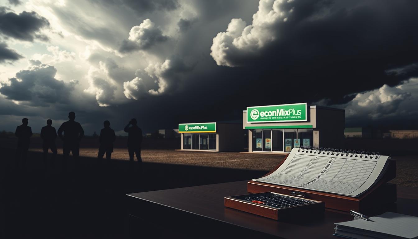 A wide, open financial landscape with ominous clouds looming overhead, casting deep shadows on the ground. In the foreground, a desk with a ledger and abacus, representing the tightening of lending standards during economic crisis. The middle ground features EconoMix Plus, a financial institution, its signage partially obscured by the shadows. In the background, silhouettes of anxious people seeking loans, their faces etched with concern. The scene is illuminated by a harsh, angled light, heightening the sense of uncertainty and tension. An unsettling atmosphere pervades, capturing the essence of borrowing during turbulent economic times.