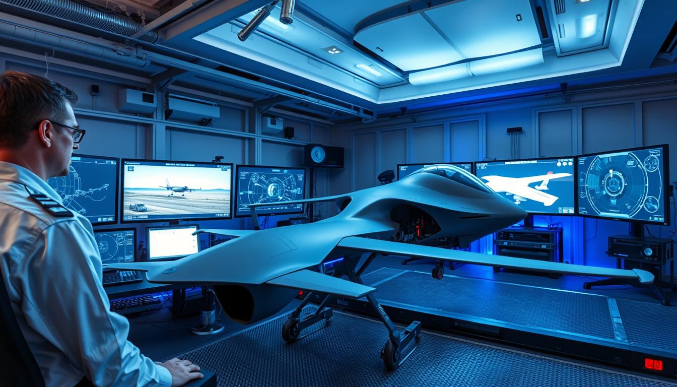 Advanced military drone technology being tested with engineers monitoring control systems Advanced military drone technology being tested with engineers monitoring control systems