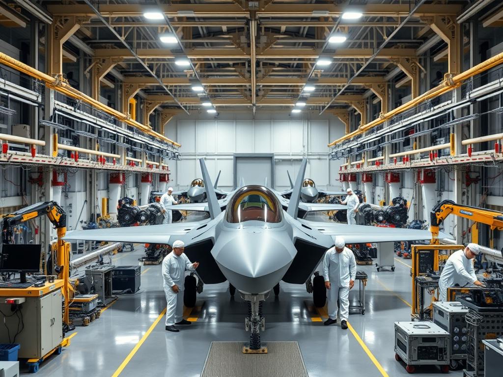 Aerospace manufacturing facility showing F-35 fighter jet production line with workers and advanced technology Aerospace manufacturing facility showing F-35 fighter jet production line with workers and advanced technology