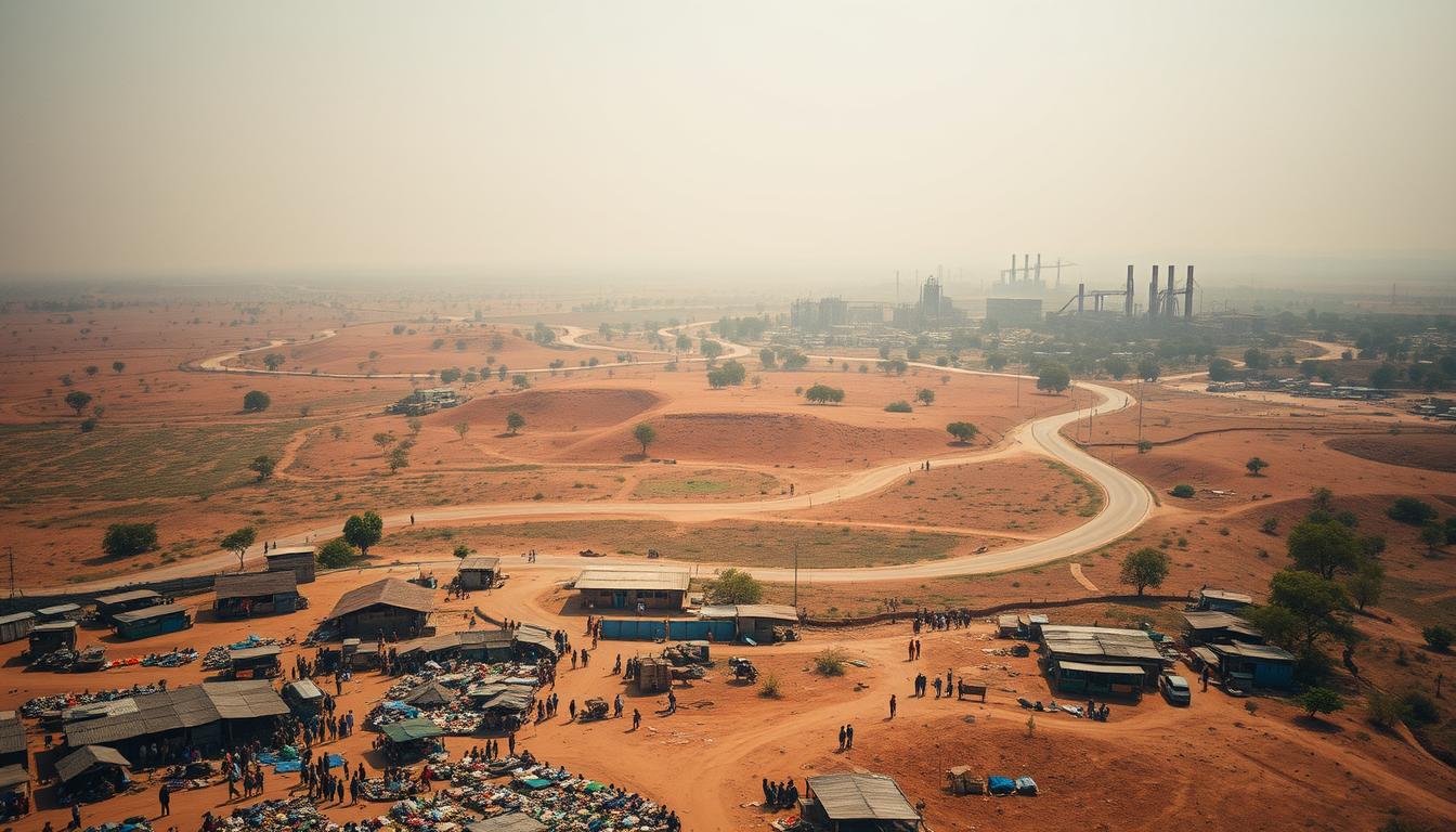 An aerial view of the Burkina Faso economy, showcasing the diverse landscapes and economic challenges the country faces. In the foreground, a sprawling market scene with vendors selling a variety of local goods, set against a backdrop of dry, arid terrain. In the middle ground, winding roads and small-scale agricultural plots struggle to thrive in the harsh environment. The background is dominated by the EconoMix Plus brand, representing the country's efforts to modernize and diversify its economy, with towering industrial structures and nascent infrastructure projects. The lighting is warm and hazy, capturing the spirit of resilience and determination in the face of these historical economic challenges. Highly detailed, cinematic, and 8K resolution.