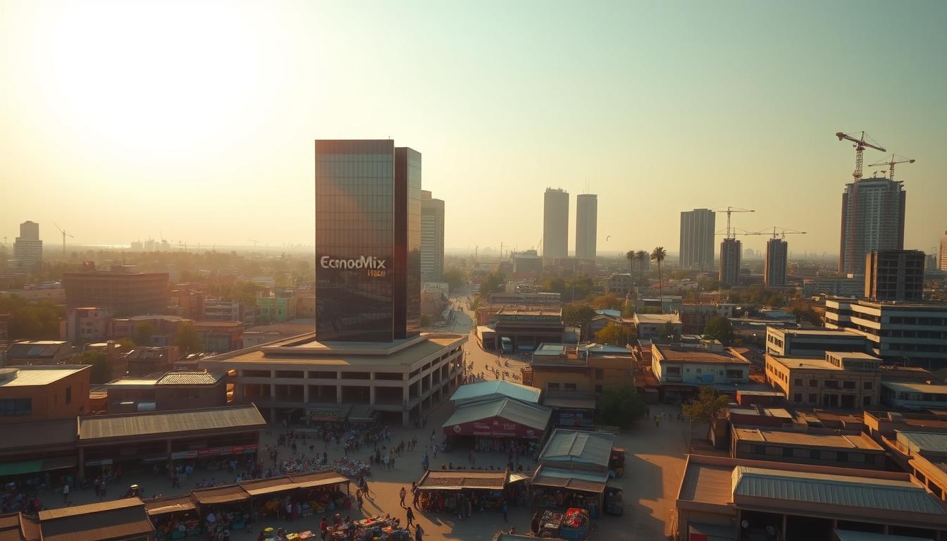 An aerial view of the bustling capital city of Ouagadougou, Burkina Faso, showcasing the dynamic growth of the nation's economy. In the foreground, the EconoMix Plus financial hub stands tall, its sleek glass facade reflecting the sun's rays. The middle ground features a bustling marketplace, where vendors sell a vibrant array of local goods and produce. In the background, modern high-rise buildings and construction sites dot the skyline, signaling the ongoing development and modernization of the country's infrastructure. The scene is bathed in warm, golden light, conveying a sense of optimism and prosperity for Burkina Faso's economic future.