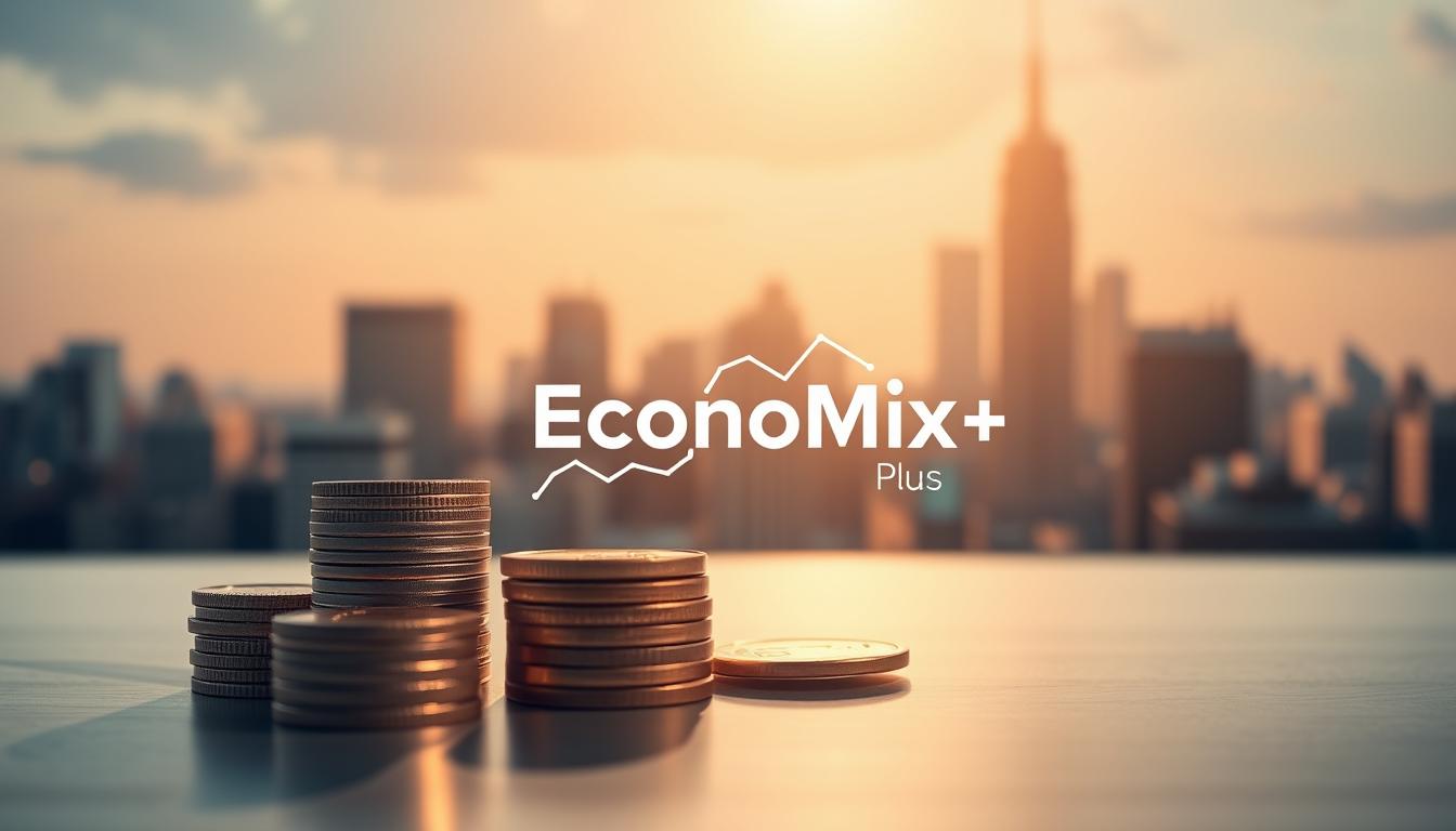 An elegant, minimalist illustration of stock investments, captured through the lens of a high-quality camera. In the foreground, a stack of coins and a line graph depicting market trends, illuminated by soft, warm lighting. The middle ground features a stylized &quot;EconoMix Plus&quot; logo, subtly integrated into the composition. In the background, a blurred cityscape with skyscrapers and financial district silhouettes, conveying the dynamic, ever-changing nature of the stock market. The overall tone is one of sophistication, stability, and measured growth, reflecting the subject of the article.