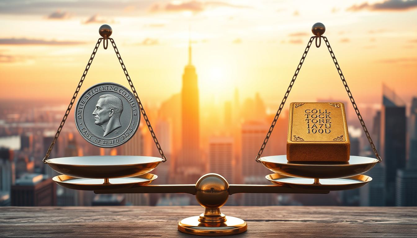 An evocative illustration depicting the distinguishing features of common stocks and preferred stocks. In the foreground, a pair of scales symbolize the balance between the two investment options, with common stocks represented by a silver coin and preferred stocks by a golden ingot. In the middle ground, a cityscape with towering skyscrapers bathed in warm, golden light, signifying the financial landscape. In the background, a panoramic view of the horizon, hinting at the broader economic context. The scene is captured through the lens of the EconoMix Plus camera, evoking a sense of professional financial analysis.